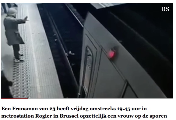 駅に進入した電車は女性の目の前で緊急停止（画像は『De Standaard　2022年1月15日付「Man （23） die vrouw op metrospoor duwde aangehouden voor poging tot doodslag」』のスクリーンショット）