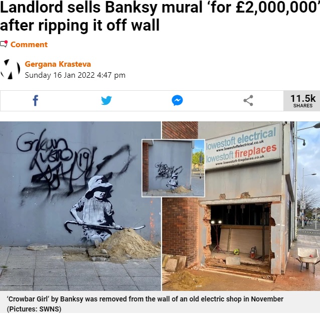 バンクシーの新作と描かれていた壁の跡（画像は『Metro　2022年1月16日付「Landlord sells Banksy mural ‘for ￡2,000,000’ after ripping it off wall」（Picture: SWNS）』のスクリーンショット）
