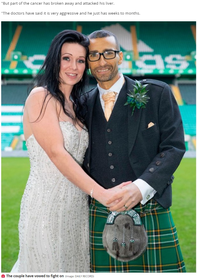 末期がんのパートナーと結婚した女性「本当に幸せ」と明かす（画像は『Daily Record　2021年12月29日付「Scots couple marry at Celtic Park weeks after groom given shock terminal cancer diagnosis」（Image: DAILY RECORD）』のスクリーンショット）
