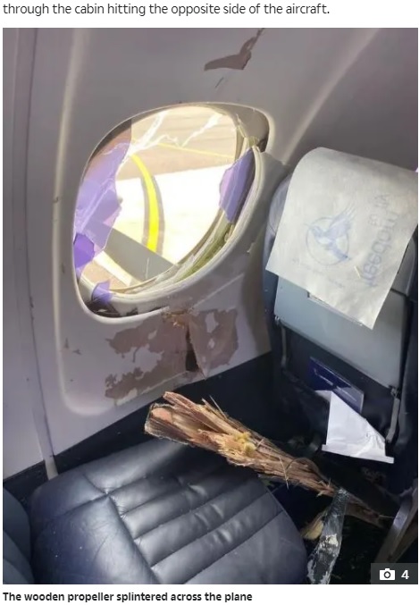 プロペラの羽根がぶつかった機体の窓ガラスは粉々に（画像は『The Sun US　2022年1月5日付「WHAT THE FLOCK Plane horror as propeller smashes through WINDOW after hitting bird leaving passengers terrified」』のスクリーンショット）