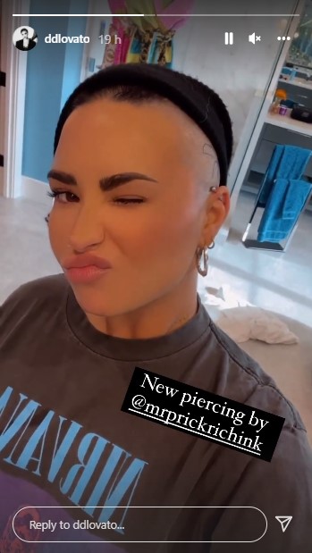 耳の上部に入れたバーピアスを披露するデミ（画像は『Demi Lovato　2022年1月10日付Instagram』のスクリーンショット）