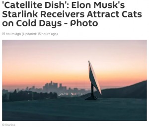 熱を発していたアンテナの上は雪が積もらず（画像は『Sputnik News　2022年1月3日付「‘Catellite Dish’: Elon Musk’s Starlink Receivers Attract Cats on Cold Days - Photo」（Starlink）』のスクリーンショット）