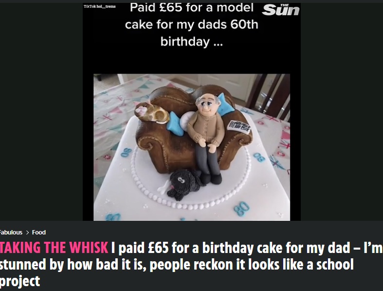 可愛らしいプロの作品モデル（画像は『The Sun　2022年1月17日付「TAKING THE WHISK I paid ￡65 for a birthday cake for my dad - I’m stunned by how bad it is, people reckon it looks like a school project」（Credit: TikTok/＠hol__trems）』のスクリーンショット） 