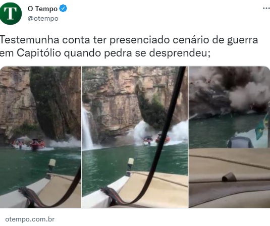 ボートを直撃した崖（画像は『O Tempo　2022年1月9日付Twitter「Testemunha conta ter presenciado cenário de guerra em Capitólio quando pedra se desprendeu;」』のスクリーンショット）