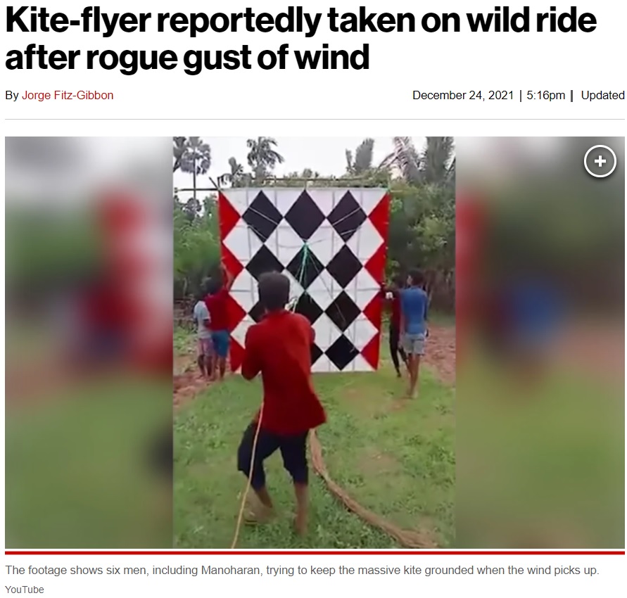友人らと共に凧揚げ大会に参加したナダラザさん（画像は『New York Post　2021年12月24日付「Kite-flyer reportedly taken on wild ride after rogue gust of wind」（YouTube）』のスクリーンショット）