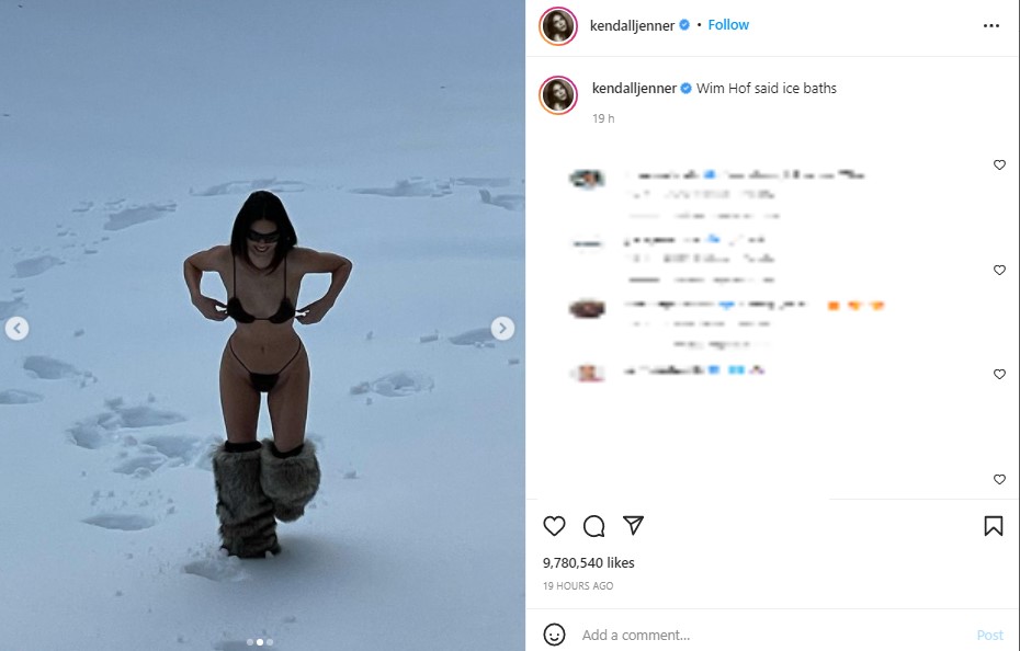 小さなブラトップの位置がずれたもよう（Kendall　2022年1月20日付Instagram「Wim Hof said ice baths」』のスクリーンショット）