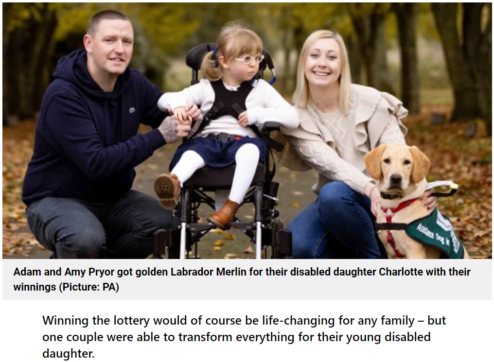 1億円超の当選金で「様々なことが可能になった」と明かした家族（画像は『Metro　2022年1月19日付「Couple’s ￡1,000,000 lottery win helped them buy support dog for disabled daughter」（Picture: PA）』のスクリーンショット）