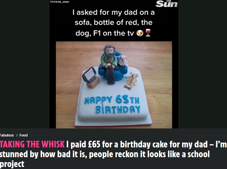 パティシエに「こんなイメージで」と送った写真（画像は『The Sun　2022年1月17日付「TAKING THE WHISK I paid ￡65 for a birthday cake for my dad - I’m stunned by how bad it is, people reckon it looks like a school project」（Credit: TikTok/＠hol__trems）』のスクリーンショット）