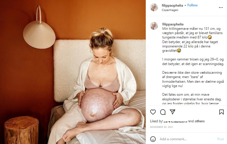 体重が22キロ増えた妊娠29週の頃（画像は『Michella Meier-Morsi　2021年11月30日付Instagram「Min trillingemave måler nu 131 cm」』のスクリーンショット）