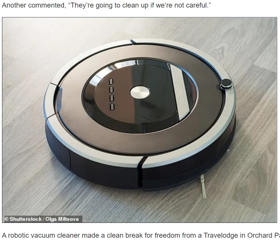 ロボット掃除機は仕事が嫌になってしまったのか…（画像は『UK MAIL24　2022年1月23 日付「Runaway robotic vacuum cleaner makes a break for freedom at Travelodge hotel in Cambridge」（Shutterstock / Olga Miltsova）』のスクリーンショット）