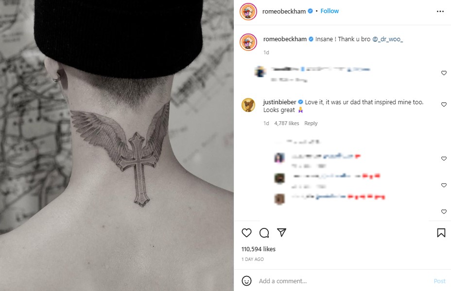 ロメオのタトゥーにジャスティン・ビーバーもコメント（画像は『ROMEO　2022年1月6日付Instagram「Insane !」』のスクリーンショット）