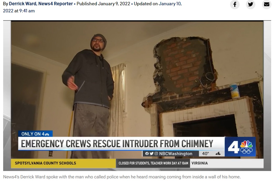 深夜3時に煙突の中から不気味な声が…（画像は『NBC4 Washington　2022年1月9日付「‘There’s Someone Inside’: Maryland Man Found Intruder Stuck in Chimney」』のスクリーンショット）