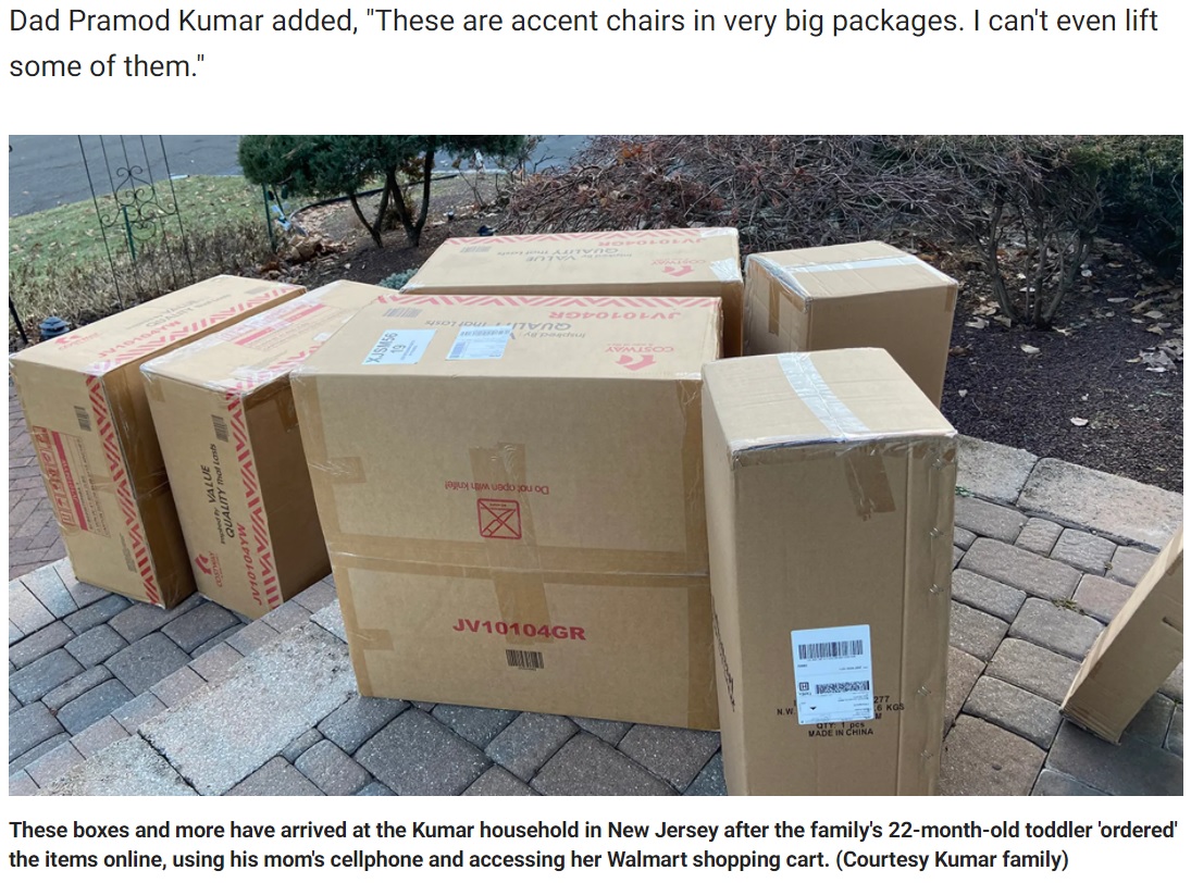 大きな段ボール箱が次々と届く（画像は『Fox News　2022年1月23日付「NJ toddler buys over ＄1,700 worth of goods online from Walmart」（Courtesy Kumar family）』のスクリーンショット）