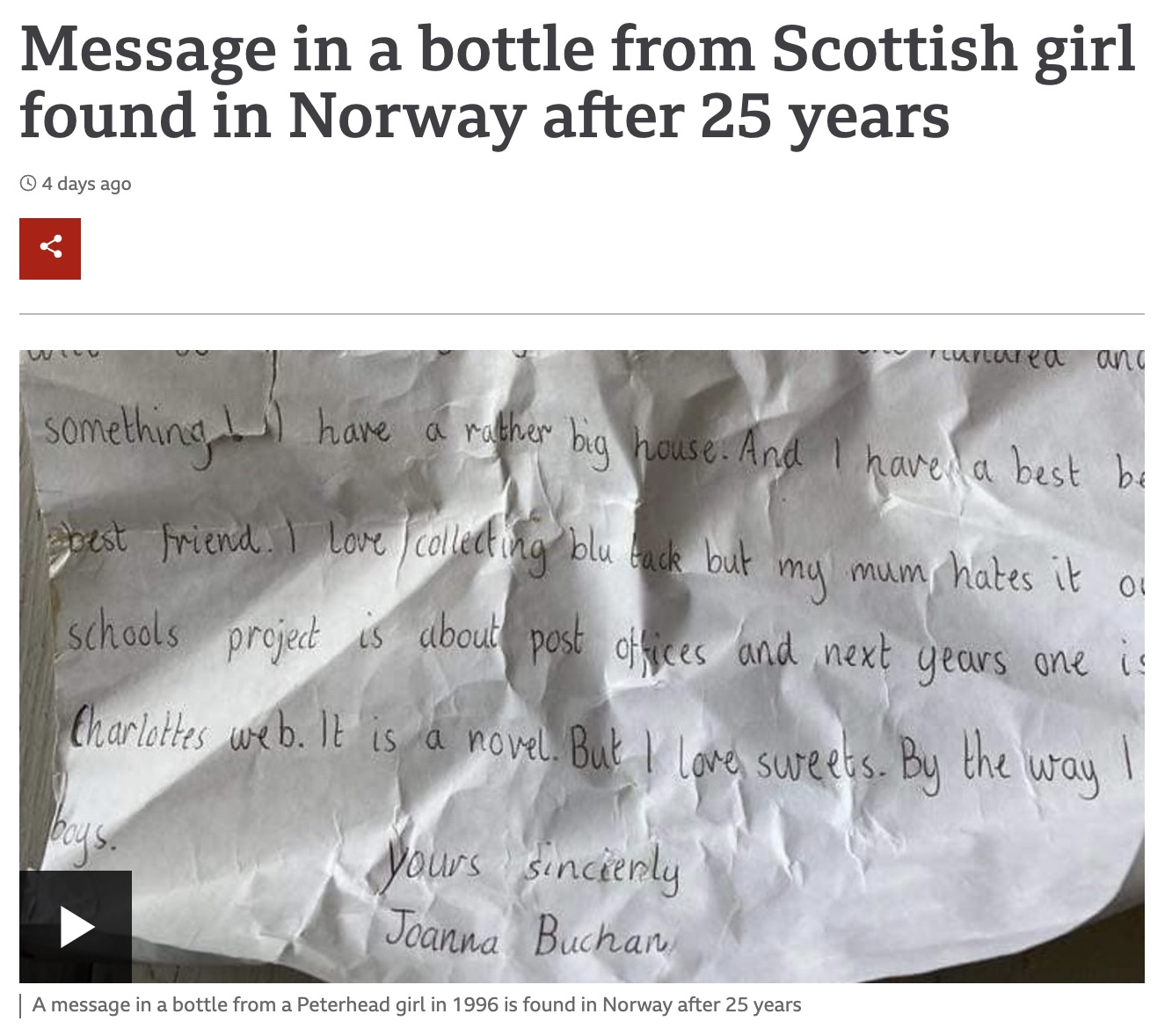 ボトルの中に入っていたメッセージ（画像は『BBC News　2022年1月26日付「Message in a bottle from Scottish girl found in Norway after 25 years」』のスクリーンショット）