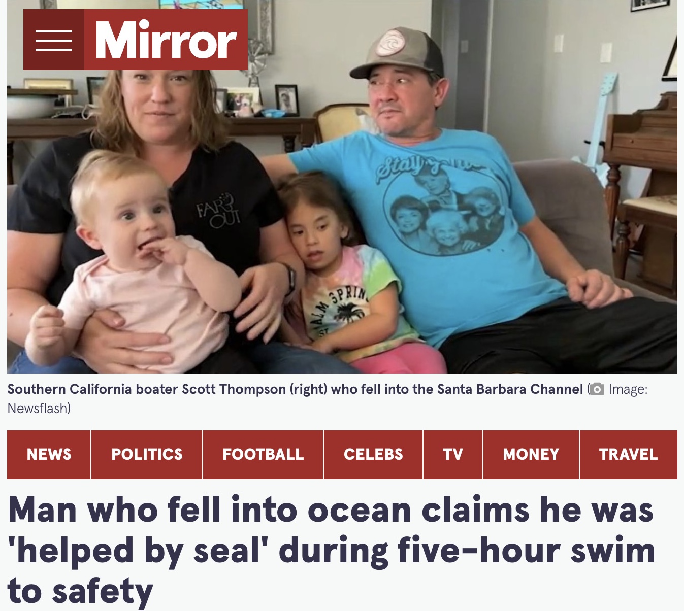 無事に家族のもとへ帰ることができたスコットさん（右）（画像は『The Mirror　2022年2月16日付「Man who fell into ocean claims he was ‘helped by seal’ during five-hour swim to safety」（Image: Newsflash）』のスクリーンショット）