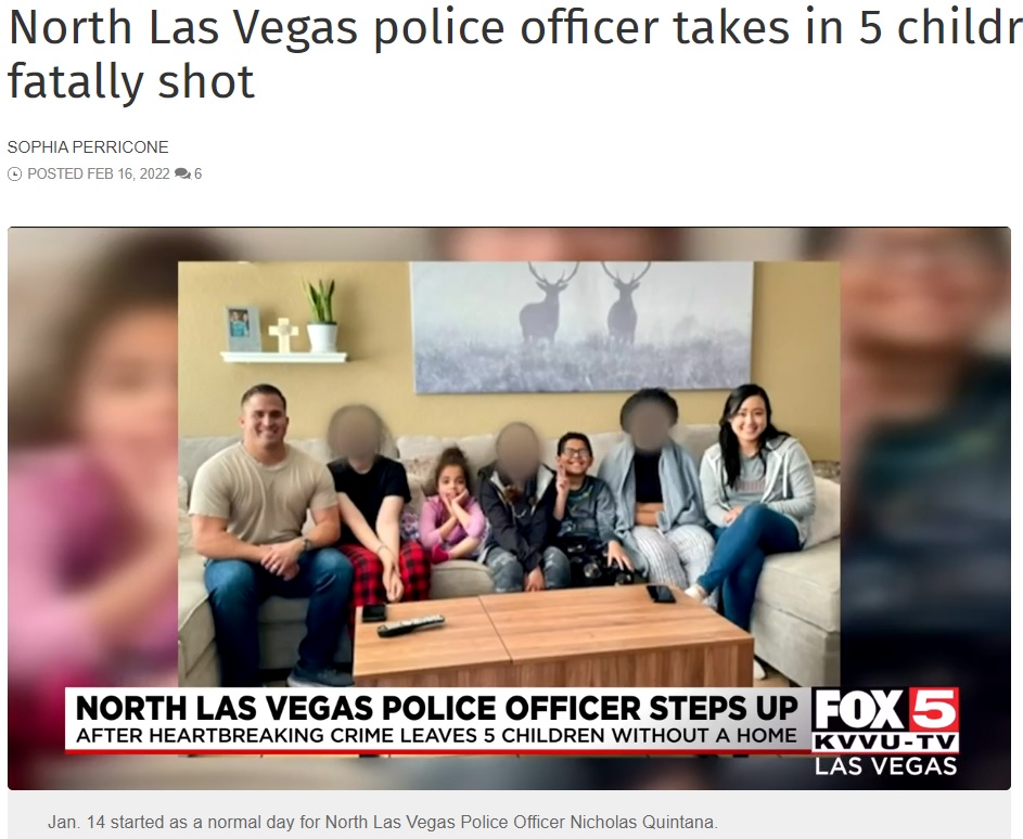 養子に迎えた5人の子供たちと並ぶ夫妻（画像は『FOX5 Vegas　2022年2月16日付「North Las Vegas police officer takes in 5 children after father is fatally shot」』のスクリーンショット）