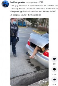 警察も奇妙な事態に困惑している様子（画像は『bethanycoker　2022年2月3日付TikTok「This guy has been in my trunk since SATURDAY fully naked.」』のスクリーンショット）