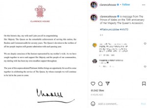 チャールズ皇太子による女王への祝福メッセージ（画像は『Clarence House　2022年2月6日付Instagram「A message from The Prince of Wales on the 70th anniversary of Her Majesty The Queen’s Accession.」』のスクリーンショット）