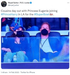 いとこ同士として良好な関係を保っている2人（画像は『Royal Suitor / R.S. Locke　2022年2月14日付Twitter「Cousins day out with Princess Eugenie joining ＃PrinceHarry in LA for the ＃SuperBowl.」』のスクリーンショット）