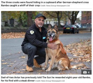 アヴァターさんとランボー（画像は『The Sun　2022年2月4日付「AMAZING TAIL Drugs gang caged after dog named Rambo sniffed out their ￡1.4m cannabis factory」（Credit: News Group Newspapers Ltd）』のスクリーンショット）