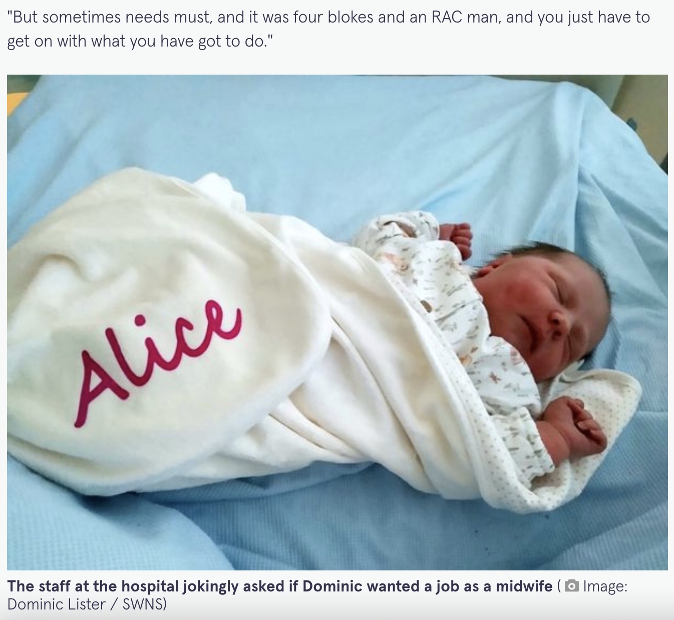 病院に向かう車内で誕生した女児（画像は『The Mirror　2022年2月28日付「Couple deliver own baby for second time after road works block way to hospital」（Image: Dominic Lister / SWNS）』のスクリーンショット）