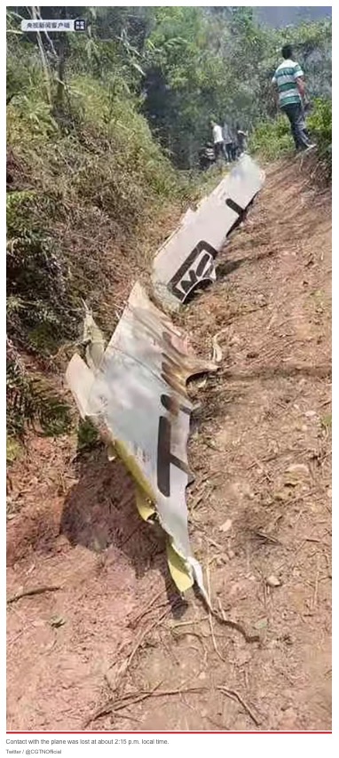 中国東方航空5735便の機体の一部（画像は『New York Post　2022年3月21日付「Footage shows moment China Eastern Boeing 737 nosedives before fiery crash」（Twitter / ＠CGTNOfficial）』のスクリーンショット）