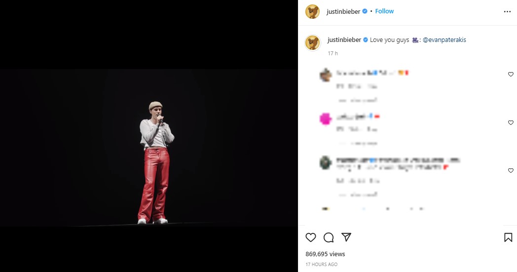 停電したステージでヘイリーの状態について語るジャスティン（画像は『Justin Bieber　2022年3月17日付Instagram「Love you guys」』のスクリーンショット）