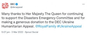エリザベス女王への感謝を述べたDEC（画像は『DEC 2022年3月3日付Twitter「Many thanks to Her Majesty The Queen for continuing to support the Disasters Emergency Committee and for making a generous donation to the DEC Ukraine Humanitarian Appeal.」』のスクリーンショット）