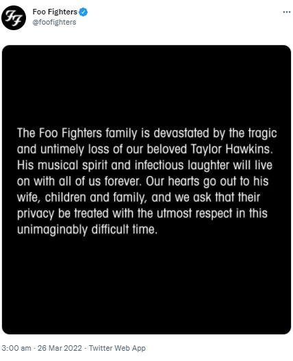 バンドが発表したテイラーの訃報（画像は『Foo Fighters　2022年3月26日付Twitter』のスクリーンショット）