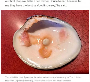 マイケルさんが見つけた小さな真珠（画像は『NJ.com　2022年2月28日付「Diner at famed Jersey Shore restaurant finds pearl possibly worth thousands in clam」（Photo courtesy of Michael Spressler）』のスクリーンショット）