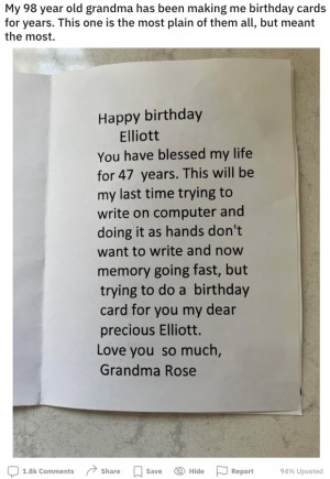 【海外発！Breaking News】「これが最後よ」98歳祖母の孫へのバースデーカードが涙を誘う（英）