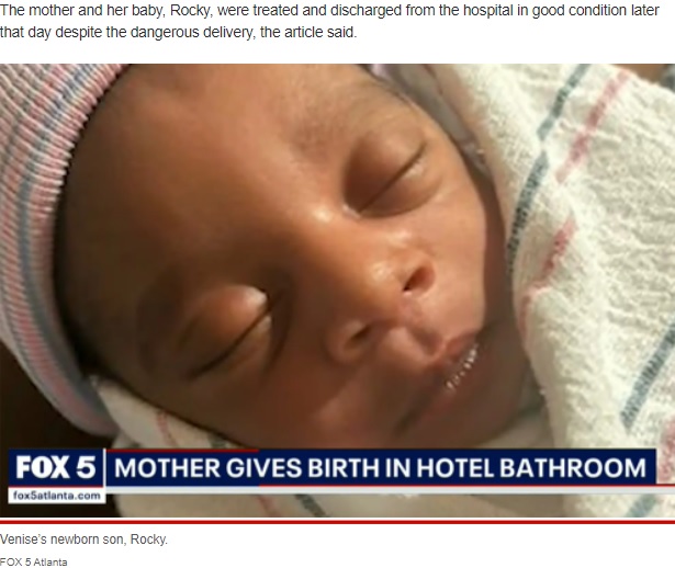 ホテルのトイレで誕生した赤ちゃん（画像は『New York Post　2022年4月7日付「Surprise delivery! Woman births healthy baby on hotel toilet」（FOX 5 Atlanta）』のスクリーンショット）