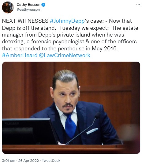 バージニア州の裁判所に出廷したジョニー（画像は『Cathy Russon　2022年4月25日付Twitter「NEXT WITNESSES ＃JohnnyDepp’s case:」』のスクリーンショット）