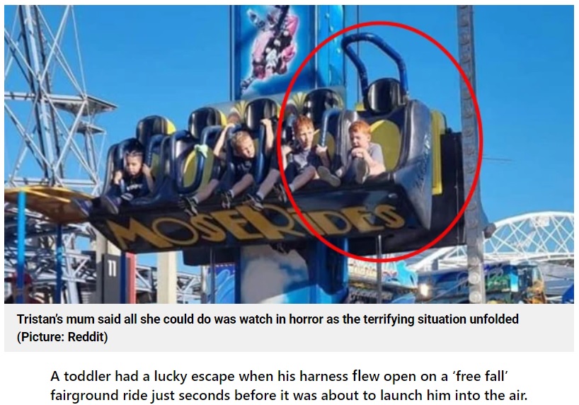 トリスタン君の座る安全バーが上がったまま上昇（画像は『Metro　2022年4月11日付「Boy, 4, clings on to ‘free fall’ ride after harness flung open」（Picture: Reddit）』のスクリーンショット）