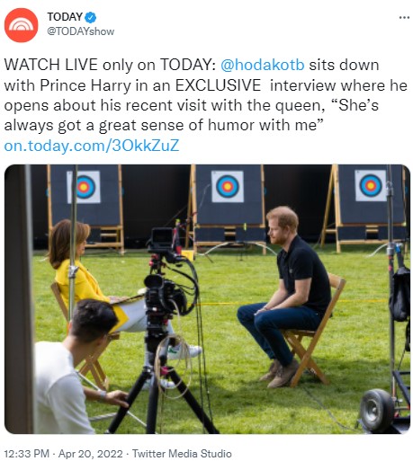 インタビューを受けるヘンリー王子（画像は『TODAY　2022年4月20日付Twitter「WATCH LIVE only on TODAY:」』のスクリーンショット）