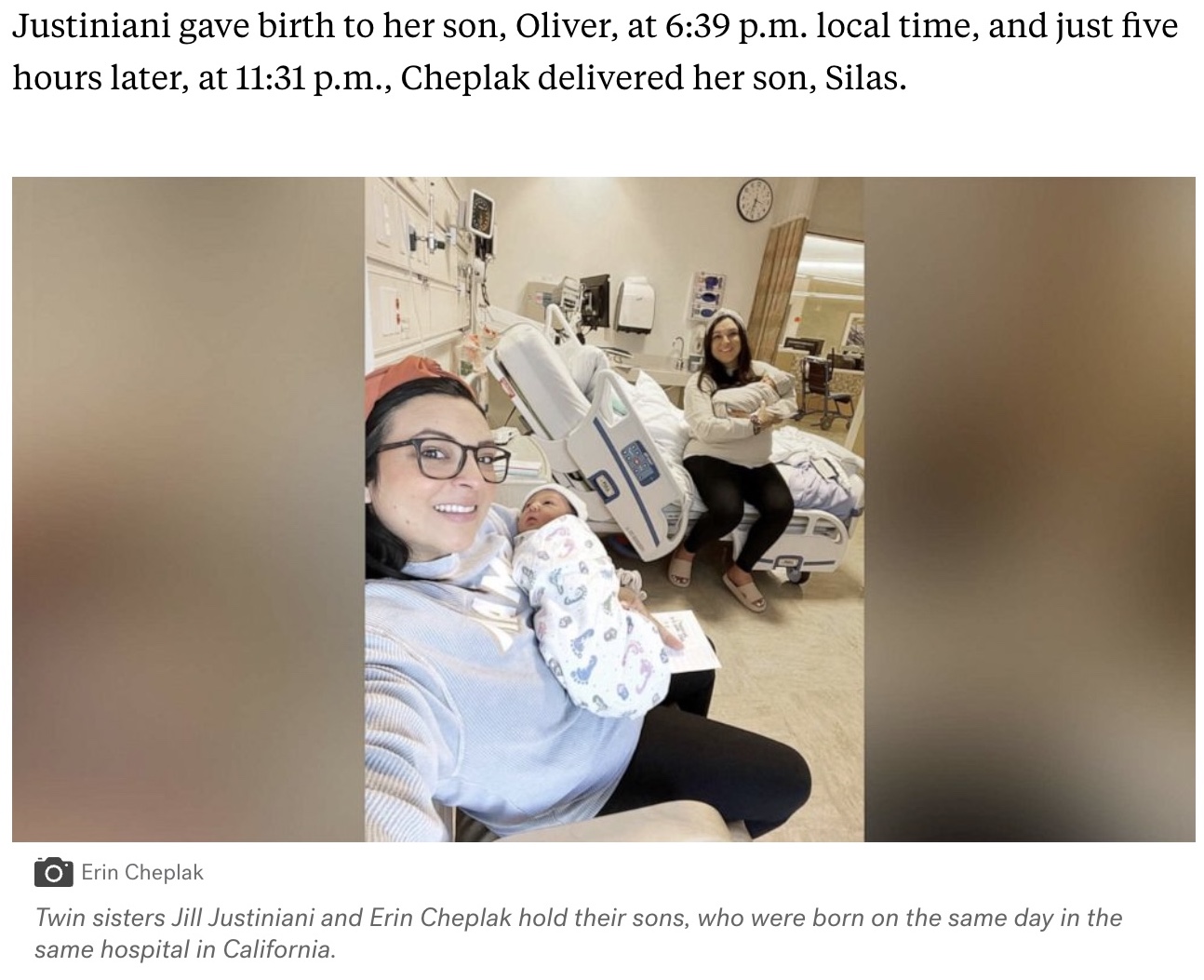 それぞれ出産予定は別の日だったジルさん（手前）とエリンさん（画像は『ABC News　2022年5月13日付「Identical twin sisters give birth on same day, in same hospital」（Erin Cheplak）』のスクリーンショット）