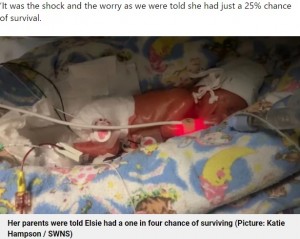 「生存率は25％」と言われた小さなエリシーちゃん（画像は『Metro　2022年5月8日付「‘Miracle’ tiny baby born at just 23 weeks had hands the size of her dad’s fingernail」（Picture: Katie Hampson / SWNS）』のスクリーンショット）