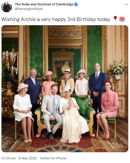 ウィリアム王子夫妻もアーチー君への祝福メッセージを公開（画像は『The Duke and Duchess of Cambridge　2022年5月6日付Twitter「Wishing Archie a very happy 3rd Birthday today」』のスクリーンショット）