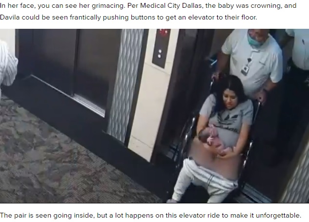 エレベーターから出てきたベツァベスさんの膝の上には赤ちゃんが！（画像は『WFAA　2022年5月20日付「WATCH: Dallas hospital security guard delivers baby in elevator on Mother’s Day」（Credit: Medical City Dallas）』のスクリーンショット）