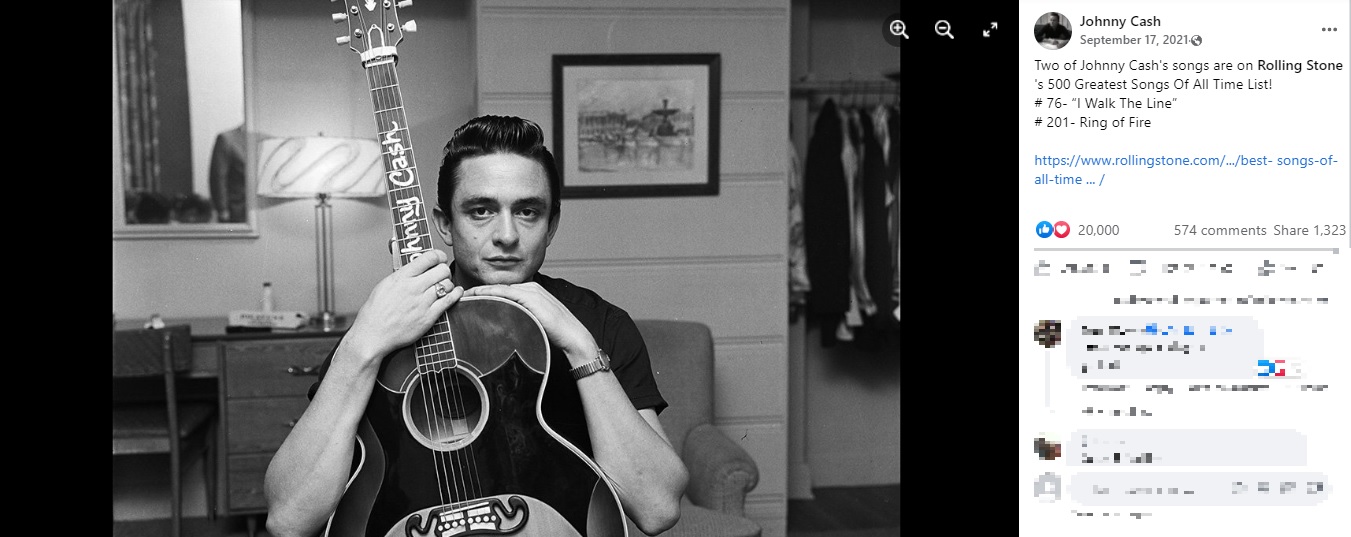 カントリー界のレジェンド、ジョニー・キャッシュ（画像は『Johnny Cash　2021年9月17日付Facebook「Two of Johnny Cash’s songs are on Rolling Stone’s 500 Greatest Songs Of All Time List!」』のスクリーンショット）