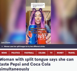 ペプシとコカ・コーラを試すブリアナさん（画像は『The Mirror　2022年5月12日付「Woman with split tongue says she can taste Pepsi and Coca Cola simultaneously」（Image: Jam Press Vid/＠flowerfriendly）』のスクリーンショット）