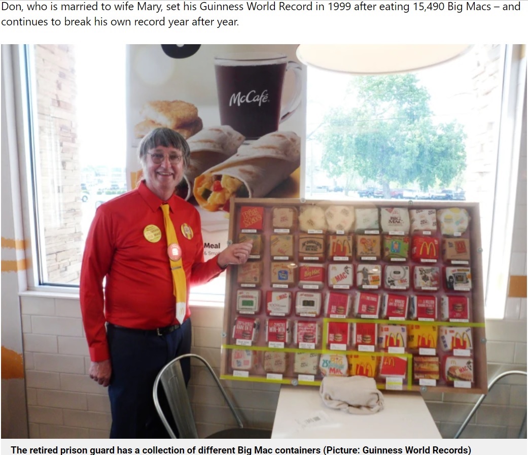 「世界で最もビッグマックを食べた男性」としてギネス記録を持つ68歳の男性（画像は『Metro　2022年5月19日付「McDonald’s lover has eaten a Big Mac nearly every day for 50 years」（Picture: Guinness World Records）』のスクリーンショット）