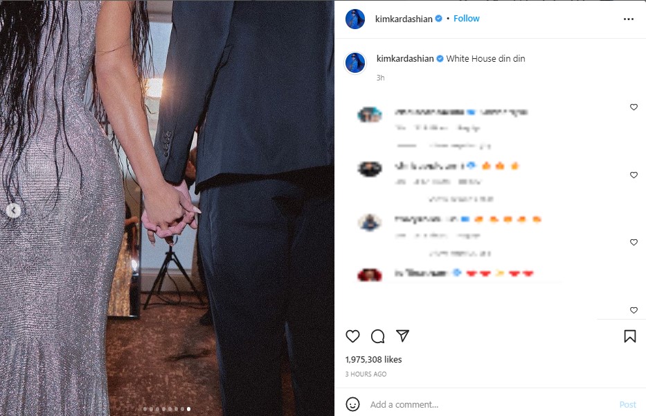 恋人繋ぎをするキムとピートの手（画像は『Kim Kardashian　2022年4月30日付Instagram「White House din din」』のスクリーンショット）