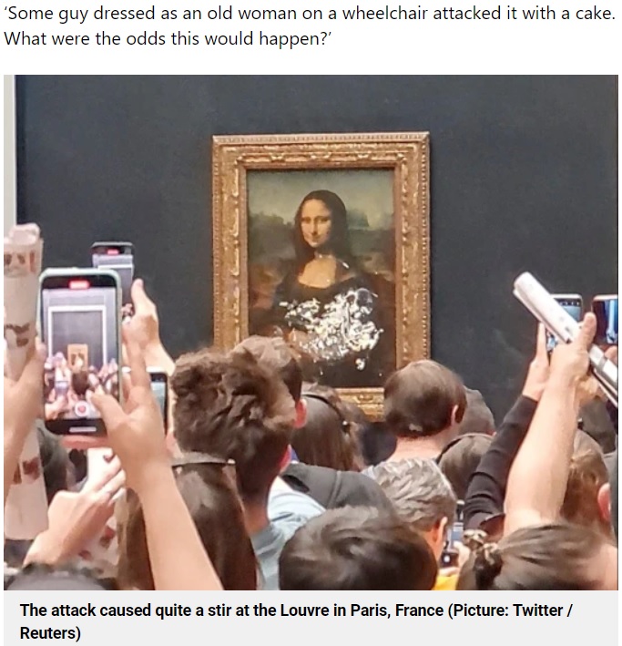 絵画はガラスのケースに入っていたので汚れてしまうことはなかった（画像は『Metro　2022年5月30日付「Mona Lisa attacked with cake by man wearing disguise to look like an old woman」（Picture: Twitter / Reuters）』のスクリーンショット）
