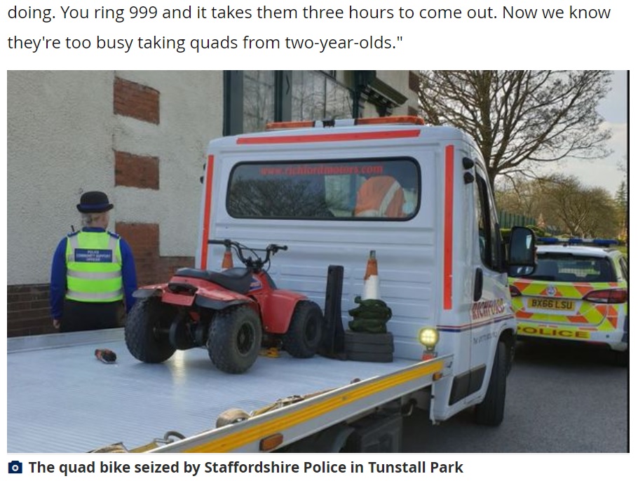警察に「この対応には納得」「本気でやっているの？」と賛否の声（画像は『Stoke Sentinel　2022年4月23日付「‘Are you having a laugh’ - Police slammed after seizing quad bike from child, 2」』のスクリーンショット）
