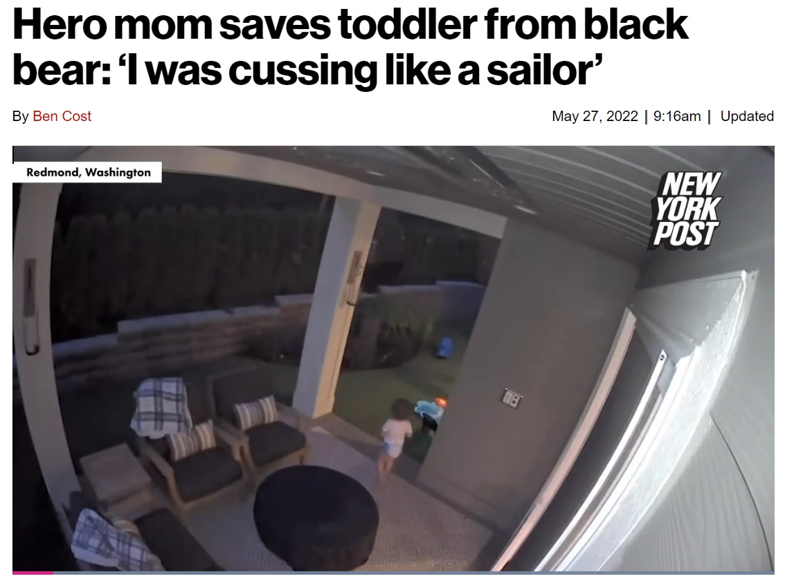 クマの姿を見つけて嬉しそうに駆け寄る女児（画像は『New York Post　2022年5月27日付「Hero mom saves toddler from black bear: ‘I was cussing like a sailor’」』のスクリーンショット）