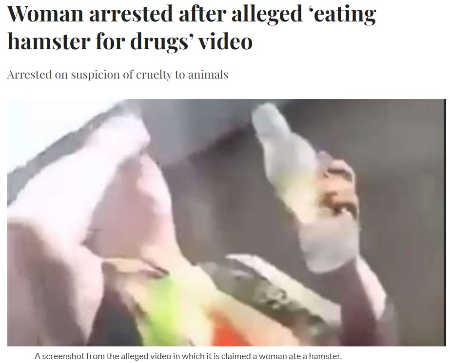 ハムスターを食べたと報道されている女（画像は『The Lincolnite　2022年6月24日付「Woman arrested after alleged ‘eating hamster for drugs’ video」』のスクリーンショット）