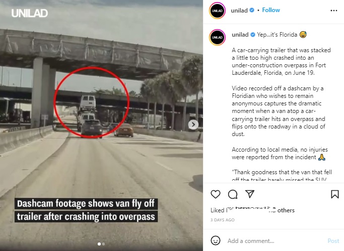 事故直前のトレーラー（画像は『UNILAD　2022年6月26日付Instagram「Yep...it’s Florida」』のスクリーンショット）