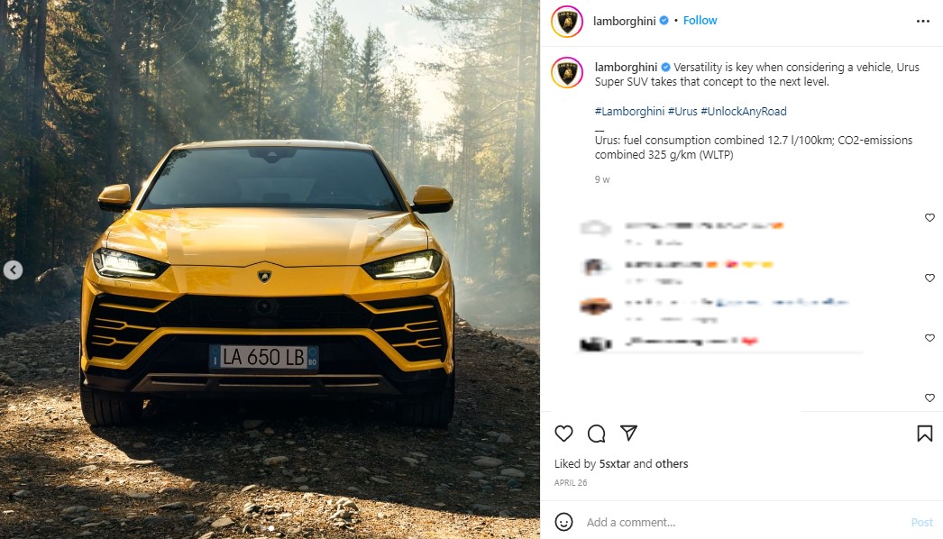 ランボルギーニのスーパーSUV“ウルス”（画像は『Lamborghini　2022年4月26日付Instagram「Versatility is key when considering a vehicle, Urus Super SUV takes that concept to the next level.」』のスクリーンショット）
