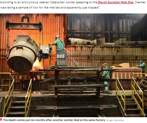 工場では6か月前にも死亡事故が発生（画像は『The Daily Star　2022年6月7日付「Dad’s body ‘split in half’ after falling to grisly death in 1,500C vat of molten iron」（Image: Caterpillar）』のスクリーンショット）
